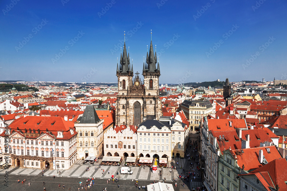 Top view of the Old Town Square with the Church of the Virgin Mary in front of the Tyn and the surrounding historical buildings. Prague, Czech Republic