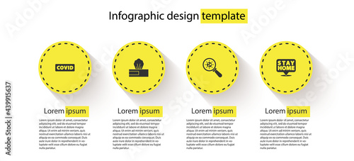 Set Corona virus covid-19, Wet wipe pack, Virus under magnifying glass and Stay home. Business infographic template. Vector
