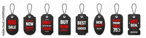 Realistic black price tags collection. Special offer or shopping discount label. Retail paper sticker. Promotional sale badge. Vector illustration.