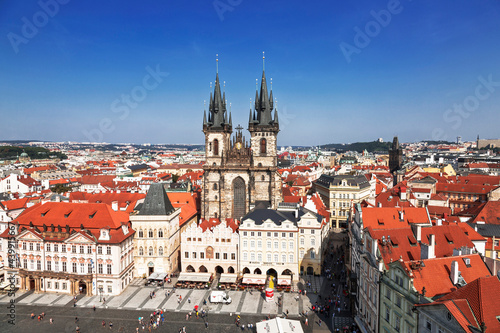 Top view of the Old Town Square with the Church of the Virgin Mary in front of the Tyn and the surrounding historical buildings. Prague, Czech Republic