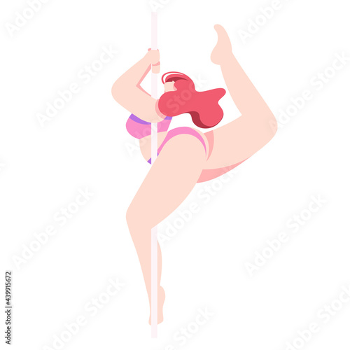 Pole dance people, girl dancing on pylon. Body-positive, love your body. Flat style cartoon character, isolated illustration on white background