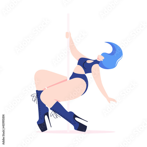 Pole dancer girl dancing in stripper shoes on pylon. Body-positive, love your body. Flat style cartoon character, isolated illustration on white background