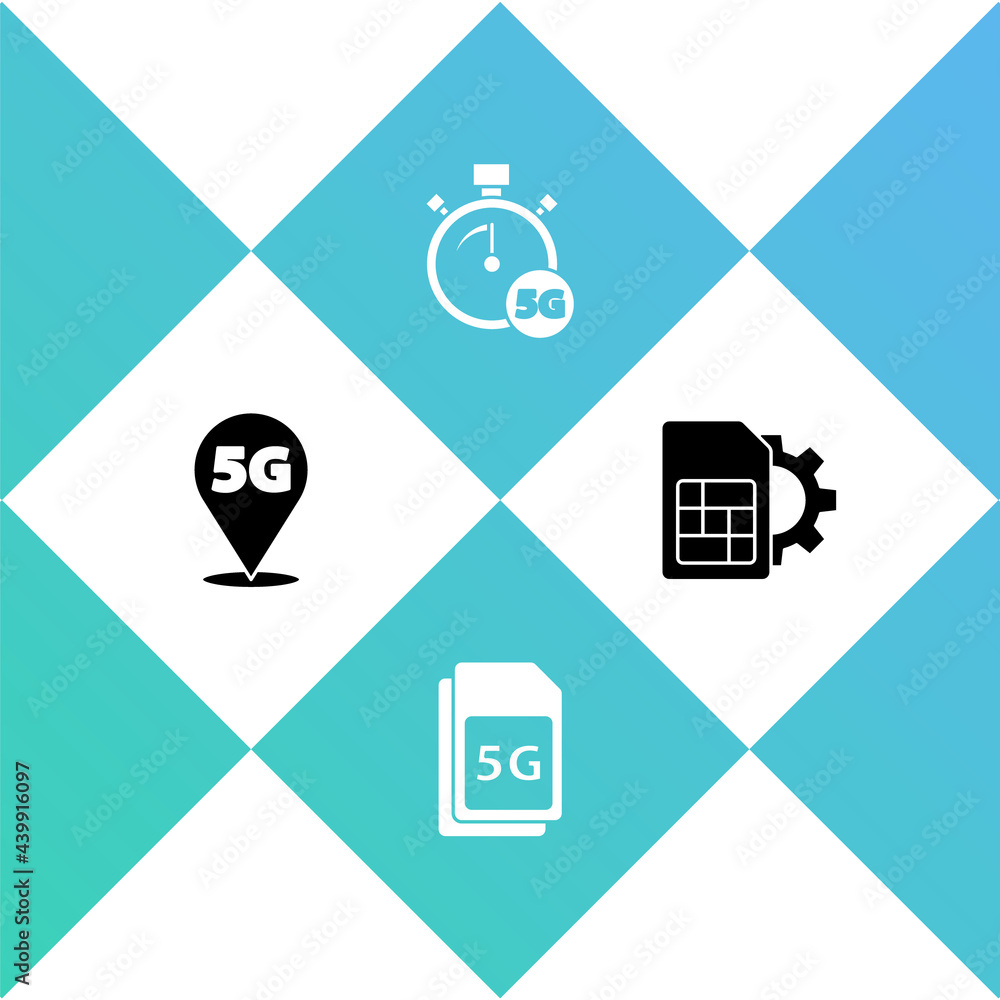 Set Location 5G network, Sim Card, Digital speed meter and card setting icon. Vector