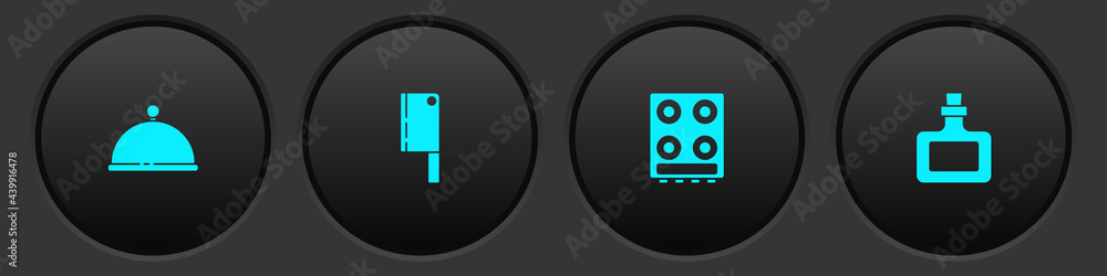 Set Covered with tray, Meat chopper, Gas stove and Sauce bottle icon. Vector Set Covered with tray, Meat chopper, Gas stove and Sauce bottle icon. Vector