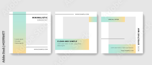Pack of clean editable social media layouts for business, instagram and facebook square web banners for digital marketing, minimal design with place for photos, gradient color elements