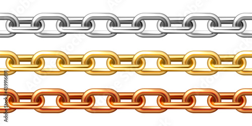 Realistic seamless golden, silver and bronze chains isolated on white background. Metal chain with shiny gold plated links. Vector illustration.