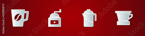Set Coffee cup, Manual coffee grinder, French press and V60 maker icon. Vector