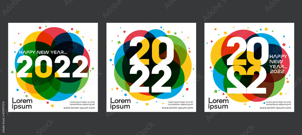 Design concept of 2022 Happy New Year set. Templates with typography logo 2022 for celebration, Colorful trendy backgrounds for branding, banner, cover, card, social media, poster, Vector EPS 10.