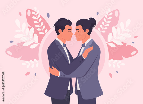 Gay couple getting married. LGBT wedding. Two men hugging. Vector illustration
