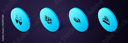 Set Isometric Concert hall de Tenerife, Churros and chocolate, Picture art and Earrings icon. Vector