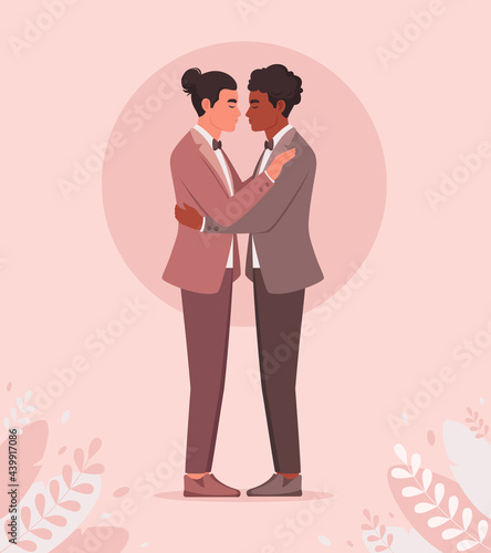 Gay couple hugging. LGBT wedding, pride concept. Multicultural couple. Vector illustration
