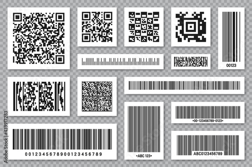 Set of product barcodes and QR codes. Identification tracking code. Serial number, product ID with digital information. Store or supermarket scan labels, price tag. Vector illustration.
