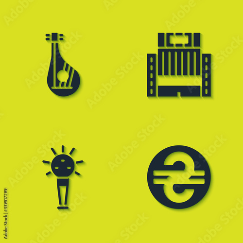Set Bandura, Ukrainian hryvnia, Mace and Hotel Ukraina building icon. Vector