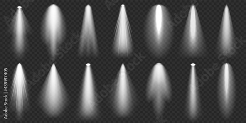 Spotlights collection. Bright light beam. Transparent realistic effect. Stage lighting. Glowing light rays. Vector illustration.