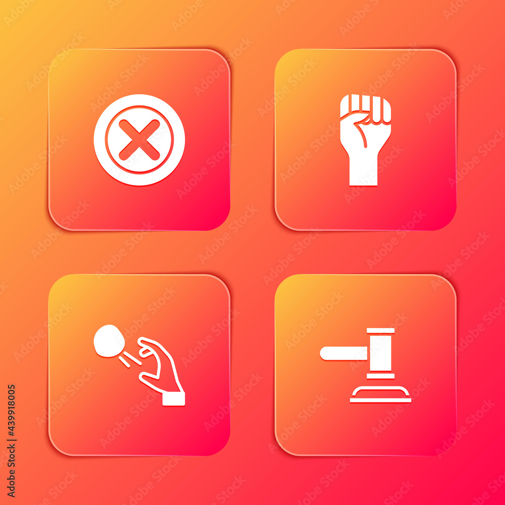 Set X Mark, Cross in circle, Raised hand with clenched fist, Hooligan shooting stones and Judge gavel icon. Vector Set X Mark, Cross in circle, Raised hand with clenched fist, Hooligan shooting stones and Judge gavel icon. Vector