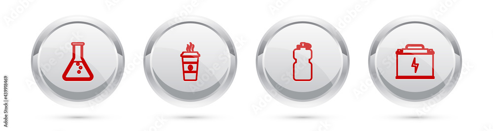Set line Test tube and flask, Coffee cup, Sport bottle with water and Car battery. Silver circle button. Vector Set line Test tube and flask, Coffee cup, Sport bottle with water and Car battery. Silver circle button. Vector