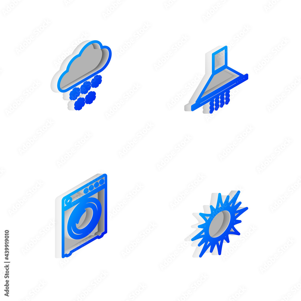 Set Isometric line Kitchen extractor fan, Cloud with snow, Washer and Sun icon. Vector Set Isometric line Kitchen extractor fan, Cloud with snow, Washer and Sun icon. Vector