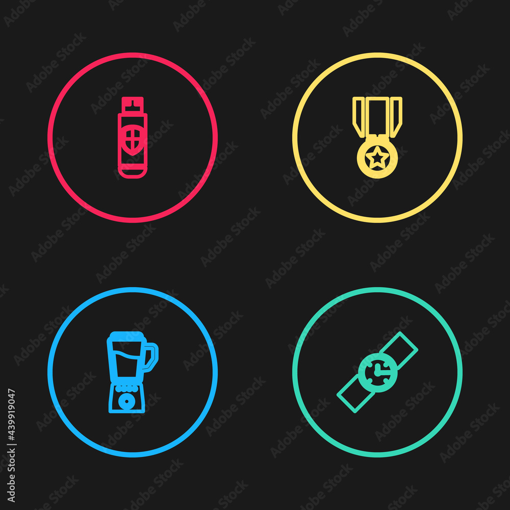 Set line Blender, Wrist watch, Medal with star and USB flash drive and shield icon. Vector Set line Blender, Wrist watch, Medal with star and USB flash drive and shield icon. Vector