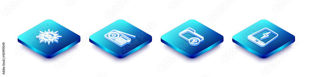 Set Isometric line UV protection, Radio, Download arrow with folder and Power bank icon. Vector Set Isometric line UV protection, Radio, Download arrow with folder and Power bank icon. Vector