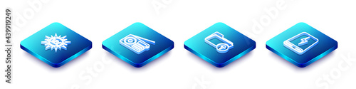 Set Isometric line UV protection, Radio, Download arrow with folder and Power bank icon. Vector