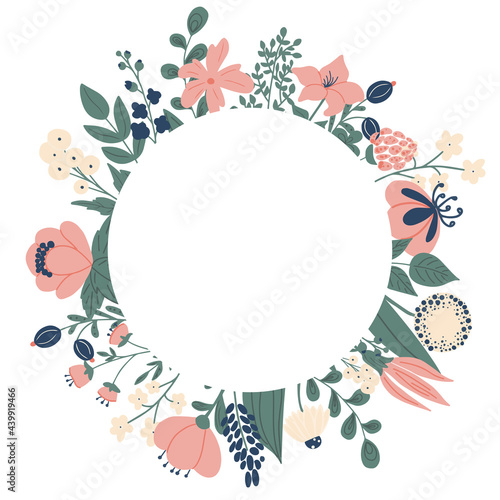 botanic card with wild flowers, leaves. Spring ornament concept. Vector layout decorative greeting card or invitation design background. Hand drawn illustration. Decorative floral wreath.
