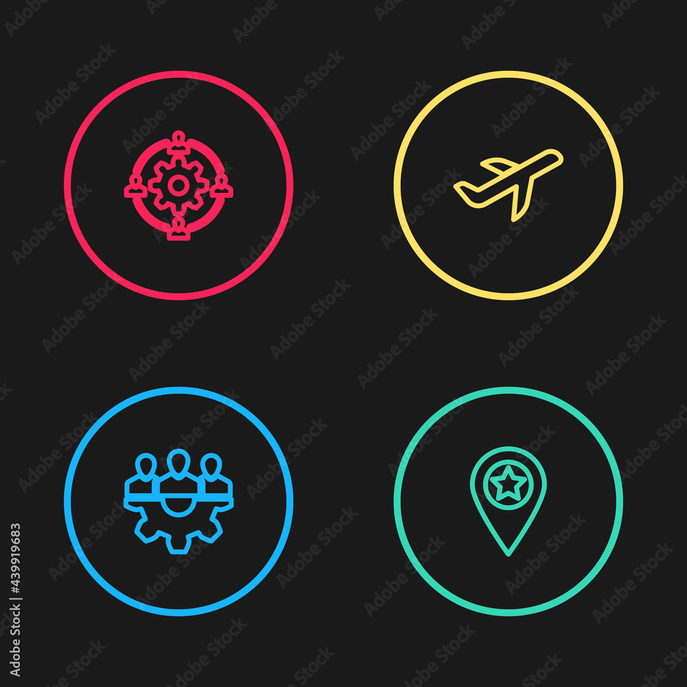 Set line Project team base, Location with star, Plane and Outsourcing concept icon. Vector Set line Project team base, Location with star, Plane and Outsourcing concept icon. Vector