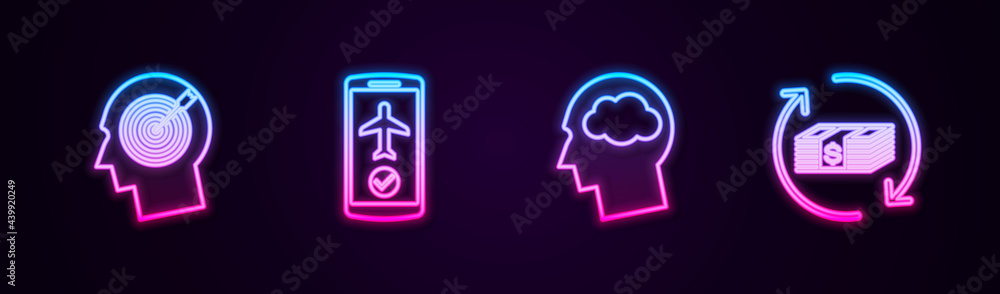 Set line Head hunting concept, Flight mode the mobile, silhouette with cloud and Refund money. Glowing neon icon. Vector Set line Head hunting concept, Flight mode the mobile, silhouette with cloud and Refund money. Glowing neon icon. Vector