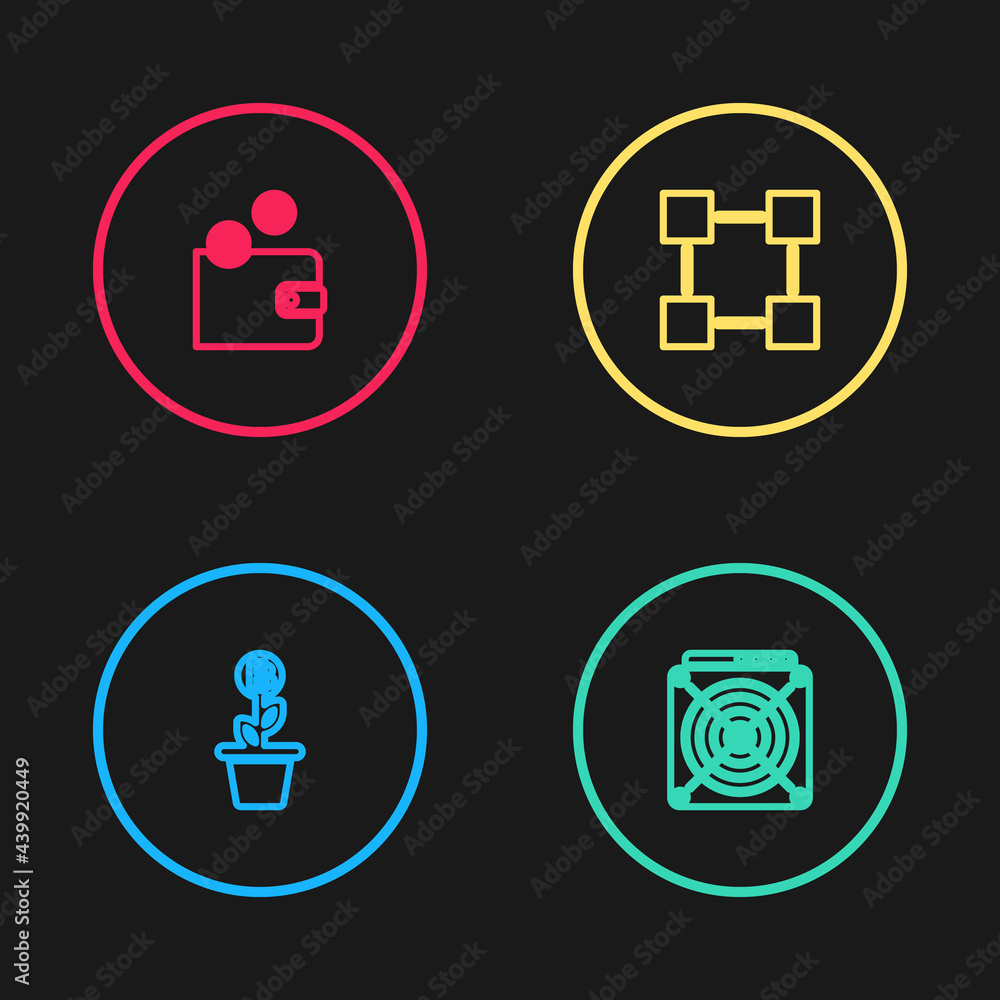 Set line Bitcoin plant in the pot, ASIC Miner, Blockchain technology and Cryptocurrency wallet icon. Vector Set line Bitcoin plant in the pot, ASIC Miner, Blockchain technology and Cryptocurrency wallet icon. Vector