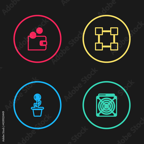 Set line Bitcoin plant in the pot, ASIC Miner, Blockchain technology and Cryptocurrency wallet icon. Vector