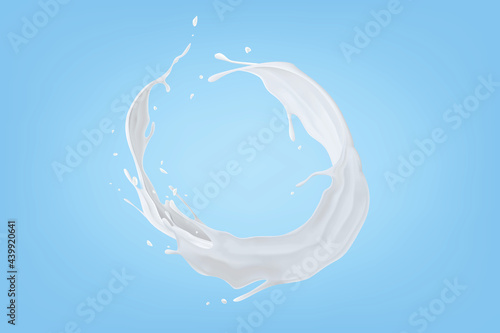 Splash of milk or yogurt on a blue background. Realistic vector image of liquid flying in the form of a ring.
