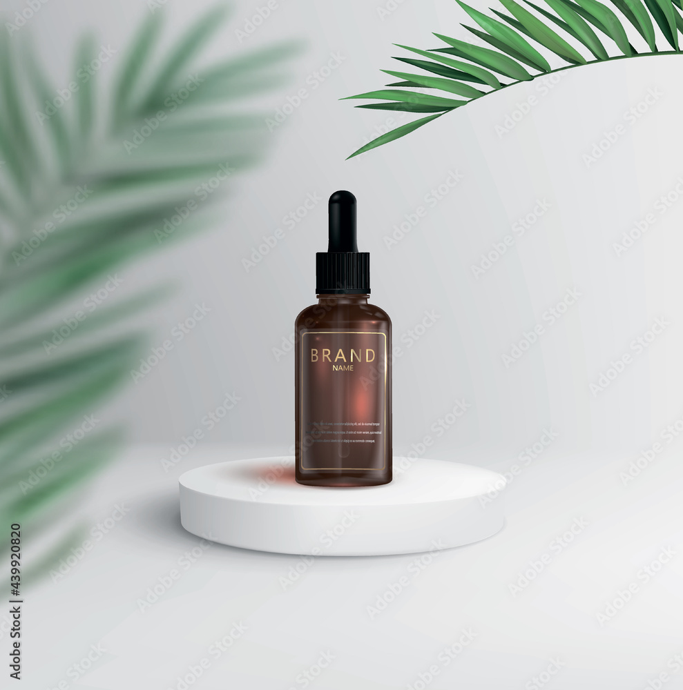 A bottle of essence for the face on the runway in a minimalist style. The cosmetic product is displayed on a pedestal decorated with palm plants. Realistic vector image. - obrazy, fototapety, plakaty 