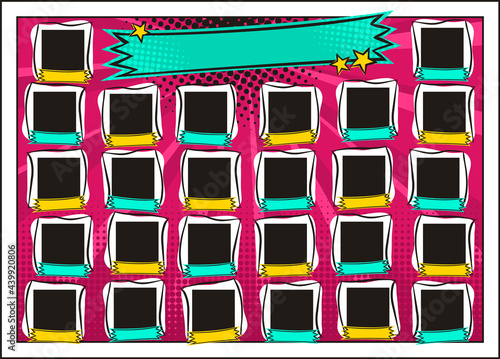 Comic Photo frame for group photos of children in pop art style. A photo album for a class or community. Vector Template for the design of frames for Kindergarten, photographs, posters, cards.