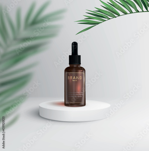 A bottle of essence for the face on the runway in a minimalist style. The cosmetic product is displayed on a pedestal decorated with palm plants. Realistic vector image. photo