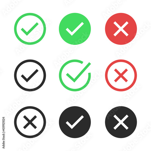 Round Check Mark Icon Set Vector. Checkmark, Cross, x mark in a circle isolated on white backcround. Editable Stroke. Vector illustration