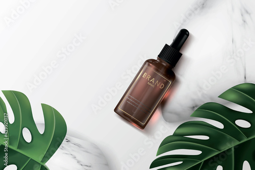 Realistic depiction of the essence for the face on the stone. A glass container with a cosmetic product on a background with marble and monstera plants in a minimalist style.