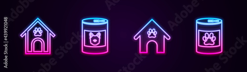 Set line Dog house and paw print pet, Canned food for dog, and . Glowing neon icon. Vector