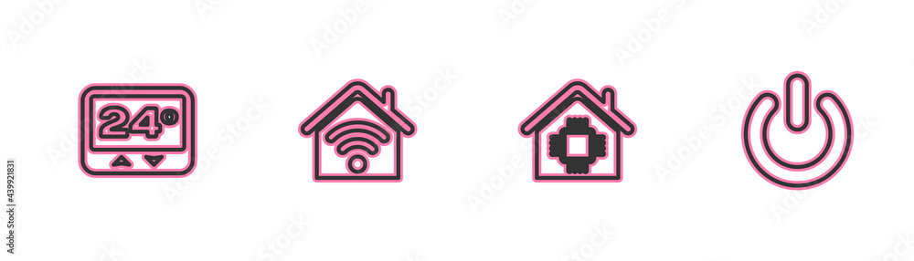 Set line Thermostat, Smart home, with wi-fi and Power button icon. Vector Set line Thermostat, Smart home, with wi-fi and Power button icon. Vector