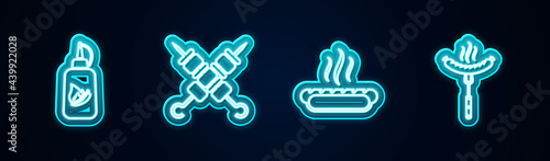Set line Ketchup bottle, Grilled shish kebab, Hotdog sandwich and Sausage on the fork. Glowing neon icon. Vector