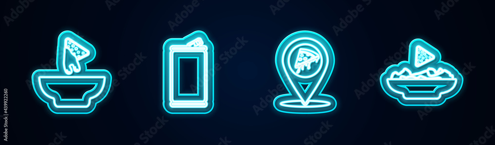 Set line Nachos in plate, Aluminum can, Location with slice pizza and . Glowing neon icon. Vector Set line Nachos in plate, Aluminum can, Location with slice pizza and . Glowing neon icon. Vector