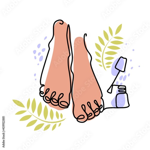 Pedicure spa female feet. Dark-skinned female legs and nail polish. Beauty fashion female body. Foot spa. Line art isolated on white background.