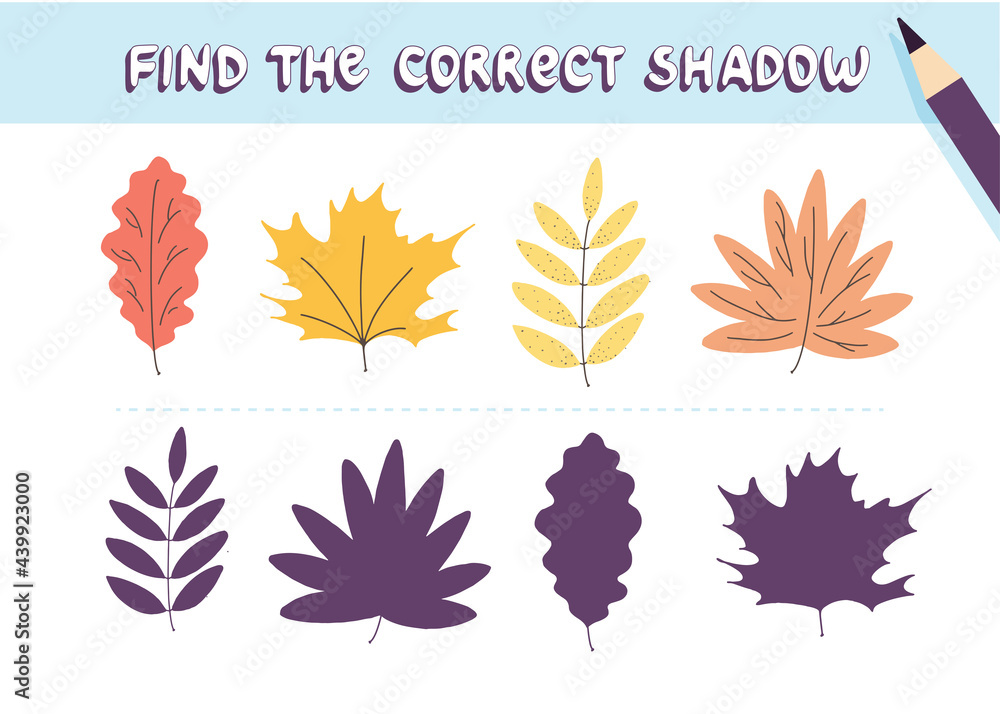Find the correct shadow. Cute autumn leaves . Educational game for kids. Collection of children's games. Vector illustration in cartoon style