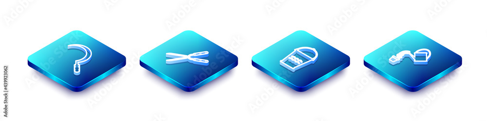 Set Isometric line Sickle, Gardening handmade scissor, Bucket and Watering can icon. Vector Set Isometric line Sickle, Gardening handmade scissor, Bucket and Watering can icon. Vector