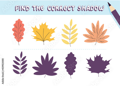 Find the correct shadow. Cute autumn leaves . Educational game for kids. Collection of children's games. Vector illustration in cartoon style