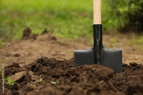 Shovel in soil outdoors, space for text. Gardening tool photo