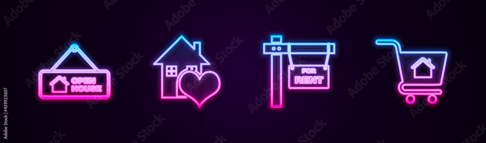Set line Hanging sign with Open house, House heart shape, For Rent and Shopping cart. Glowing neon icon. Vector Set line Hanging sign with Open house, House heart shape, For Rent and Shopping cart. Glowing neon icon. Vector