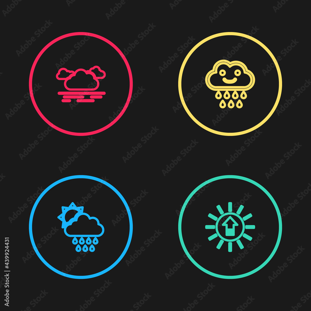 Set line Cloud with rain and sun, Sunset, and icon. Vector Set line Cloud with rain and sun, Sunset, and icon. Vector