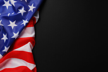 American flag on black background, top view with space for text