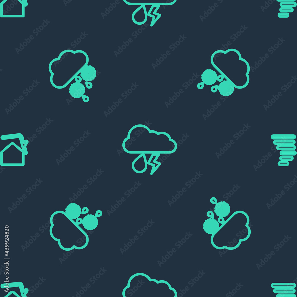 Obraz premium Set line Cloud with rain and lightning, snow and Tornado swirl on seamless pattern. Vector