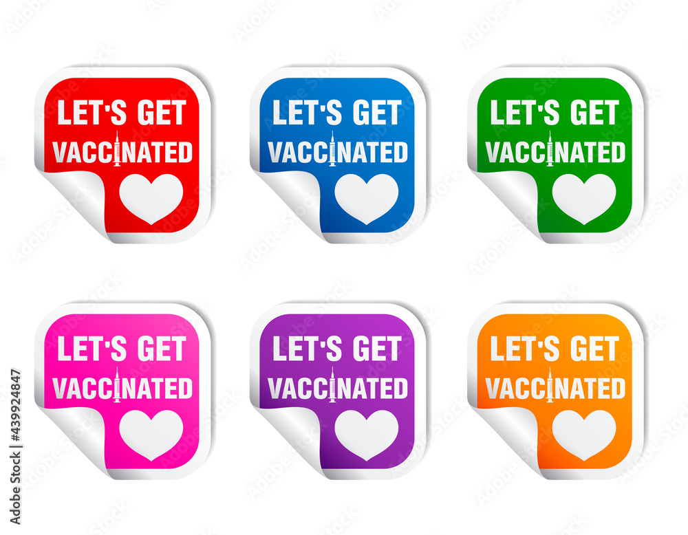 Stickers colorful set. Sticker with the inscription to get vaccinated. Let's get vaccinated. Vector illustration Stickers colorful set. Sticker with the inscription to get vaccinated. Let's get vaccinated. Vector illustration