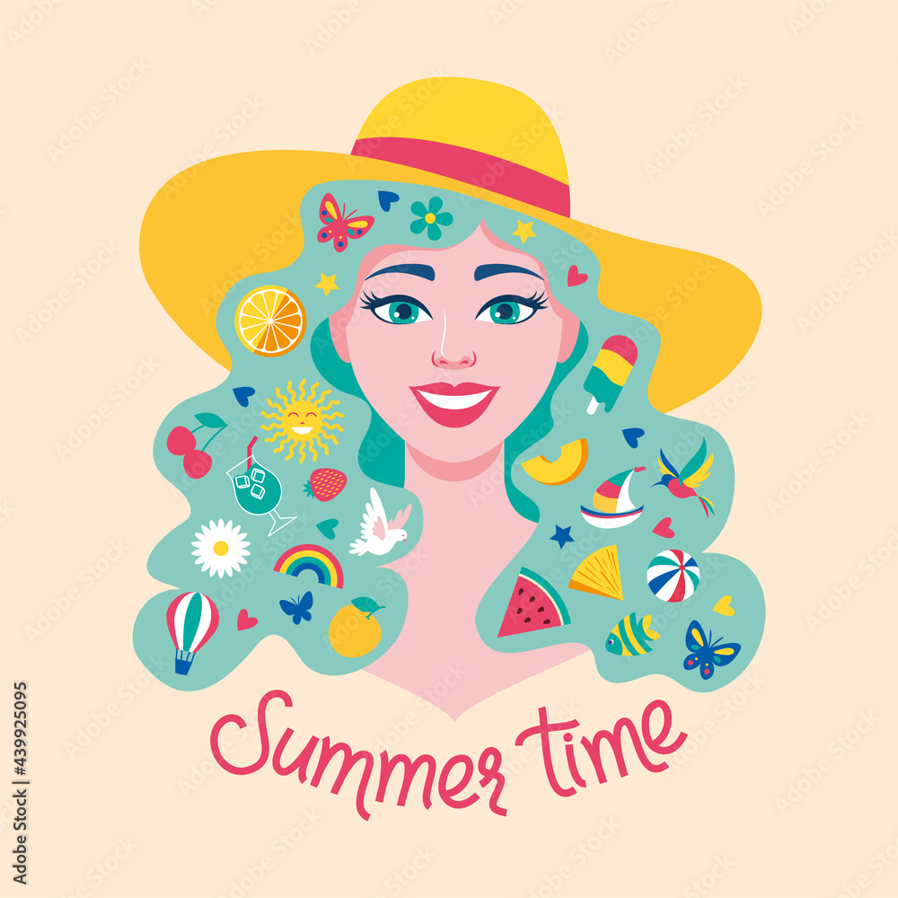 Happy girl portrait. Woman face. Summer time concept with simbols of season rest: travelling, beach, fruits. Vector illustration, character. Poster, card, print, shopping bag, flyer, shopping bag
